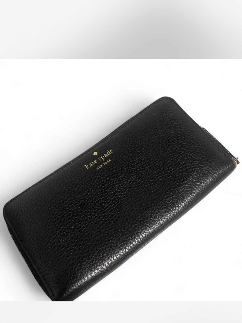 kate spade Black Pebbled Leather Zip Wallet with Gold Logo
